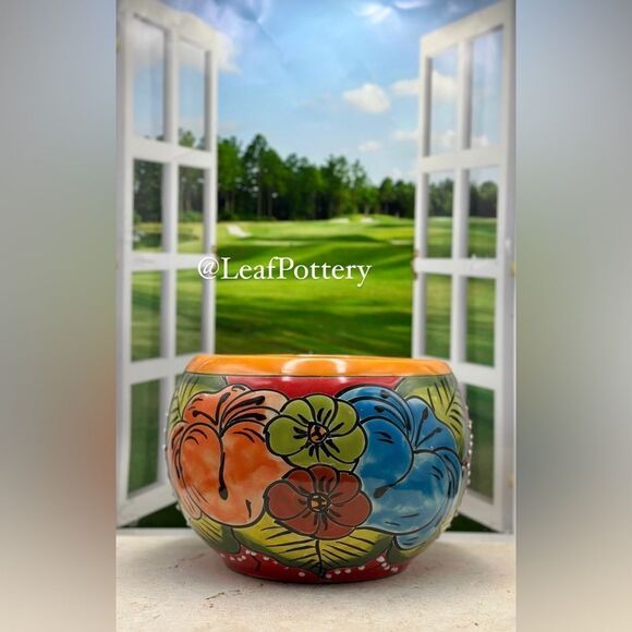 Tangelo Talavera Handmade Multi Colored Ceramic Planter Pot with drainage hole - Picture 1 of 10